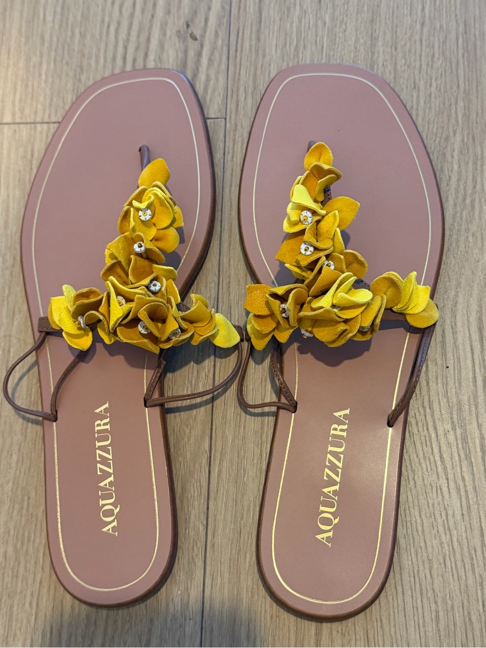 Aquazzura Yellow Floral Leather Thong Sandals